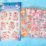 clear plastic cute kawaii cat sticker pack of 6 sheets on a blue background
