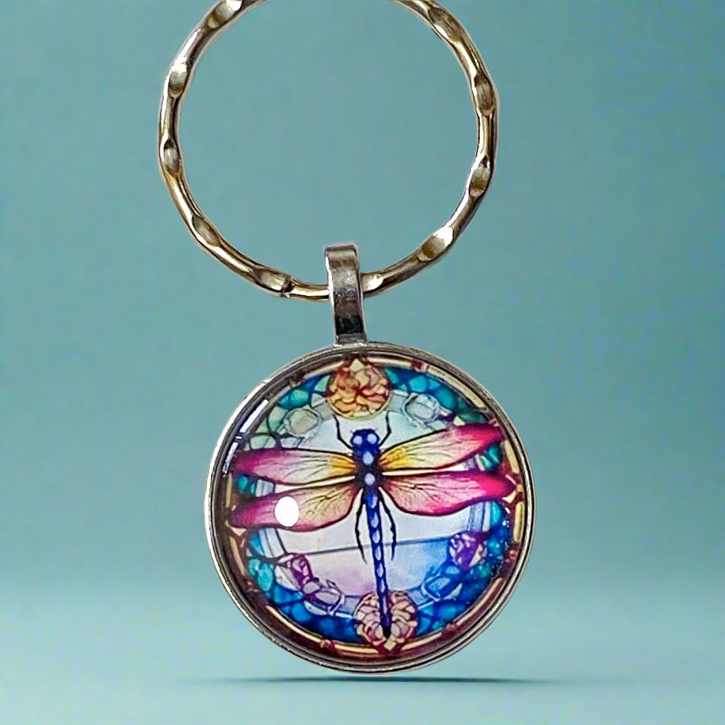 dragonfly dragonflies cute kawaii glass cabochon keyring keyrings key ring rings chain silver uk gift gifts shop store purple pink blue turquoise gold green lilac