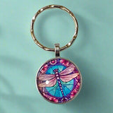 dragonfly dragonflies cute kawaii glass cabochon keyring keyrings key ring rings chain silver uk gift gifts shop store purple pink blue turquoise gold green lilac