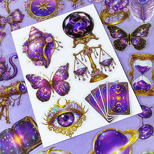 50 different violet oracle witchcore peT stickers featuring crystal balls, tarot cards, butterflies, celestial eyes, moons, potions, flowers, magical purple illustrations. uk stationery gift shop.