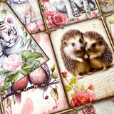 ROMANTIC FLORAL ANIMAL PAIRS Vintage Postcards & Heart Stickers