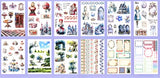 large Alice's Journey paper sticker book featuring 20 big matte pages of wonderland inspired fantasy stickers with castles, mushrooms, florals, vintage frames and blue fairytale illustrations