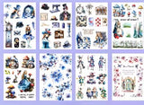 large Alice's Journey paper sticker book featuring 20 big matte pages of wonderland inspired fantasy stickers with castles, mushrooms, florals, vintage frames and blue fairytale illustrations