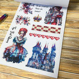 large Alice's Journey paper sticker book featuring 20 big matte pages of wonderland inspired fantasy stickers with castles, mushrooms, florals, vintage frames and blue fairytale illustrations