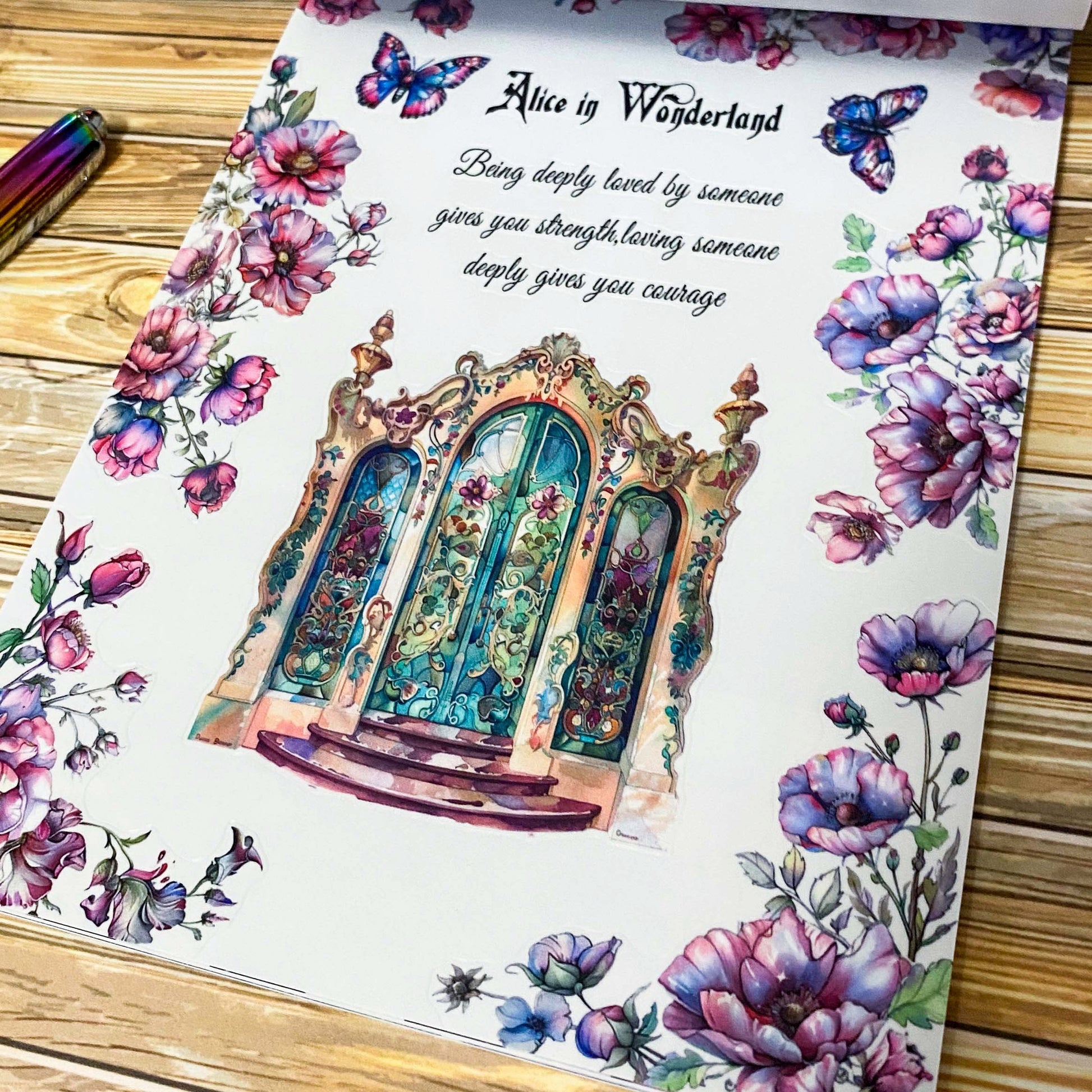 large Alice's Journey paper sticker book featuring 20 big matte pages of wonderland inspired fantasy stickers with castles, mushrooms, florals, vintage frames and blue fairytale illustrations
