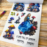 large Alice's Journey paper sticker book featuring 20 big matte pages of wonderland inspired fantasy stickers with castles, mushrooms, florals, vintage frames and blue fairytale illustrations