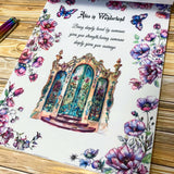 large Alice's Journey paper sticker book featuring 20 big matte pages of wonderland inspired fantasy stickers with castles, mushrooms, florals, vintage frames and blue fairytale illustrations