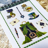 small spiral bound curiouser and curiouser alice clear PET sticker folio featuring fantasy stickers with mushrooms, roses, playing cards, rabbits and vintage gothic fairytale artwork