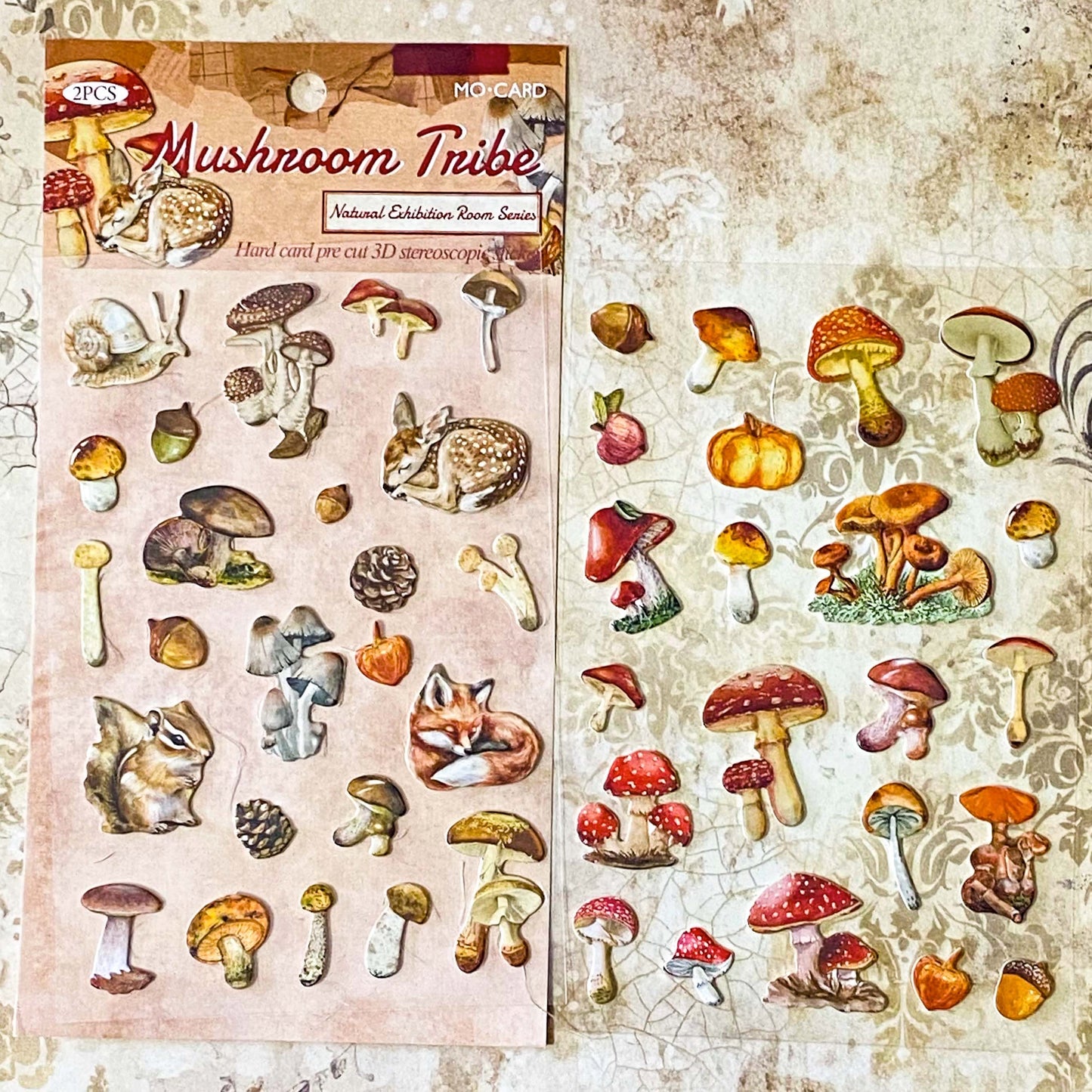nature themed card sticker set of 2 clear sheets of raised cardboard plants and animals stickers. Designs include mushrooms, woodland animals, leaves and trees. Uk stationery shop.