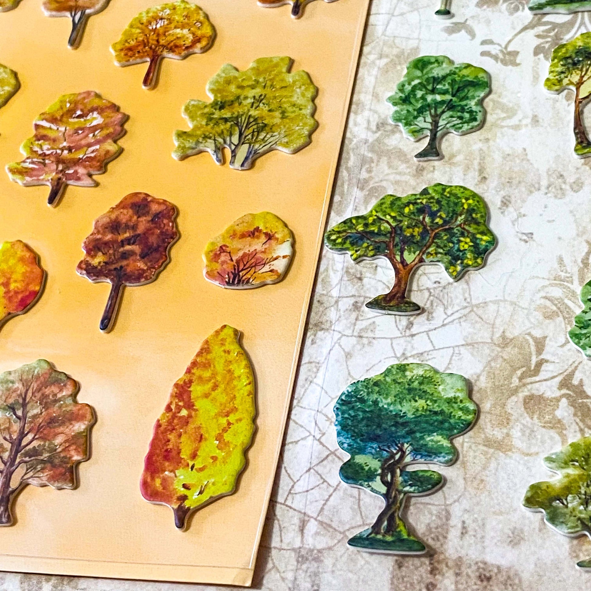 nature themed card sticker set of 2 clear sheets of raised cardboard plants and animals stickers. Designs include mushrooms, woodland animals, leaves and trees. Uk stationery shop.