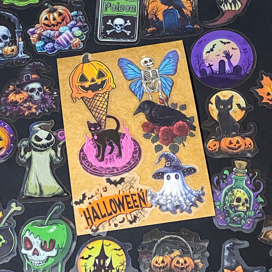 50 different halloween pET STICKERS UP TO 67MM, FEATURING PUMPKINS, GHOSTS, SKELETONS, BLACK CATS, RAVENS, POTIONS, SPOOKY GOTHIC ILLUSTRATIONS. Uk cute stationery gift shop. purple, orange and black.