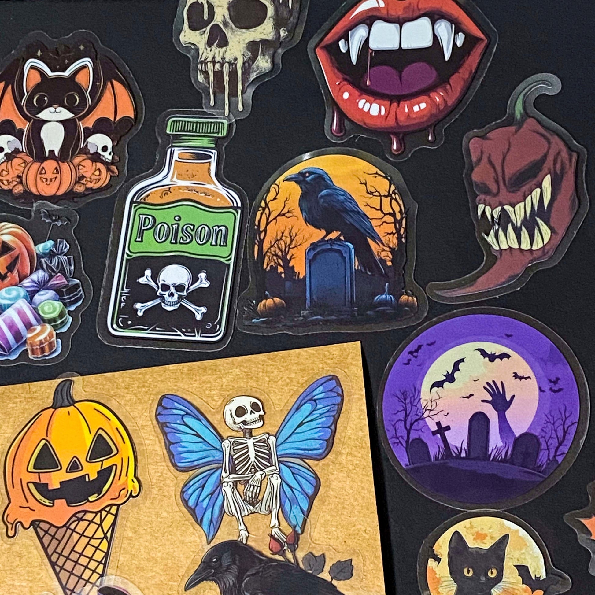50 different halloween pET STICKERS UP TO 67MM, FEATURING PUMPKINS, GHOSTS, SKELETONS, BLACK CATS, RAVENS, POTIONS, SPOOKY GOTHIC ILLUSTRATIONS. Uk cute stationery gift shop. purple, orange and black.