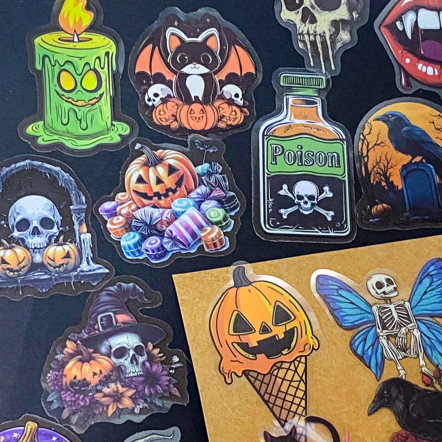 50 different halloween pET STICKERS UP TO 67MM, FEATURING PUMPKINS, GHOSTS, SKELETONS, BLACK CATS, RAVENS, POTIONS, SPOOKY GOTHIC ILLUSTRATIONS. Uk cute stationery gift shop. purple, orange and black.
