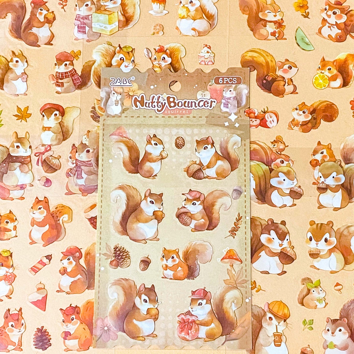cute squirrel kawaii sticker pack of 6 clear plastic PET sheets with adorable squirrels illustrations and food, nuts, autumn leaves and treats