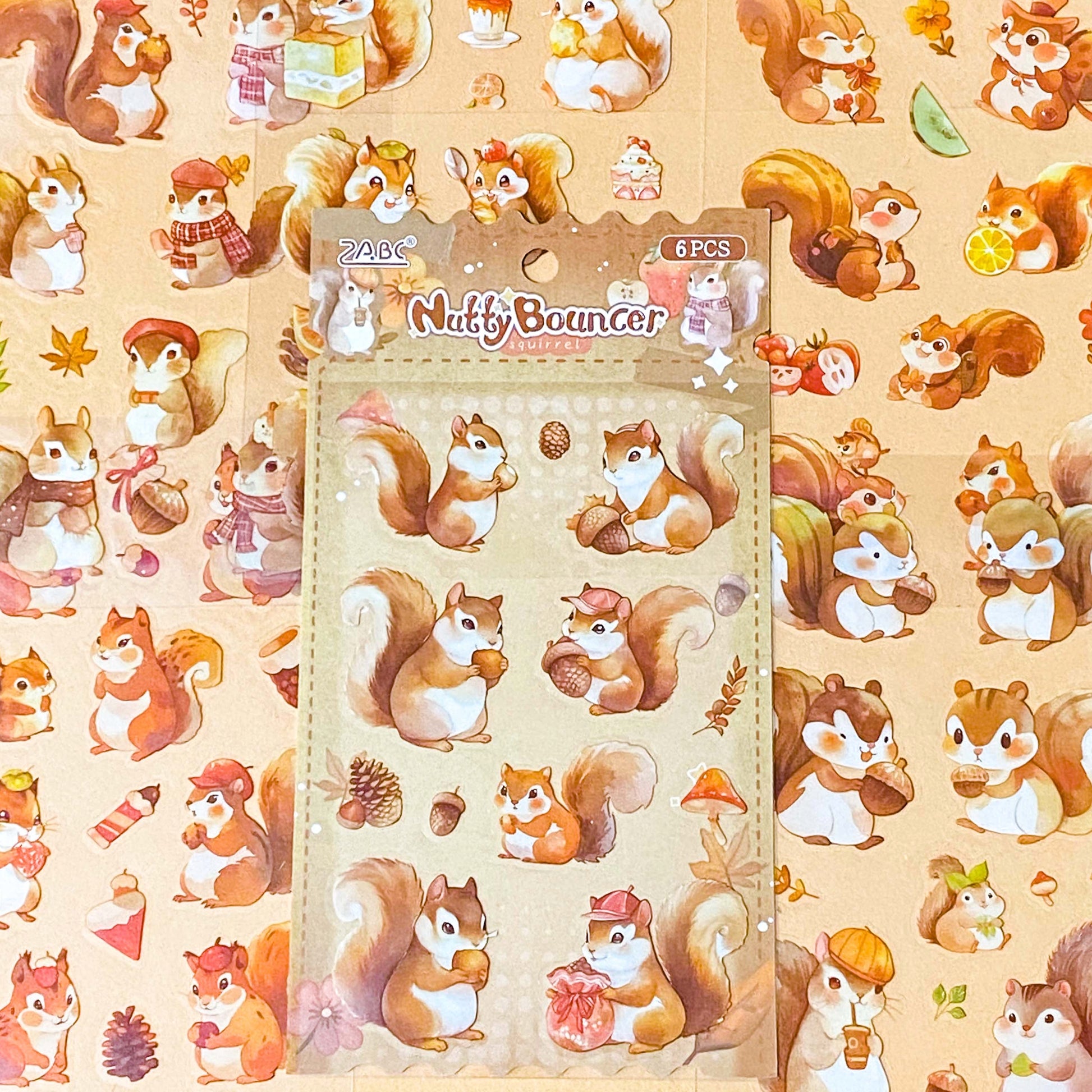 cute squirrel kawaii sticker pack of 6 clear plastic PET sheets with adorable squirrels illustrations and food, nuts, autumn leaves and treats