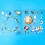large alice inspired falling into wonderland sticker set with oversized now globe scene card, transparent PET stickers, pocket watch, roses and playing cards details on pink backing card with bow