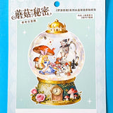 large alice inspired mushroom snow globe PET sticker scene set with transparent stickers, clocks, teacups, white rabbit and wonderland characters