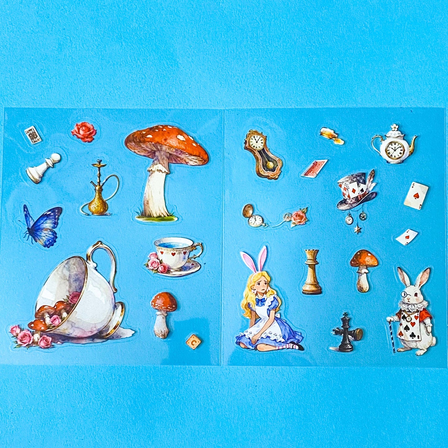 large alice inspired mushroom snow globe PET sticker scene set with transparent stickers, clocks, teacups, white rabbit and wonderland characters