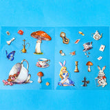 large alice inspired mushroom snow globe PET sticker scene set with transparent stickers, clocks, teacups, white rabbit and wonderland characters