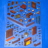 victorian library scene building sticker layered kit with detailed library backdrop, bookshelves, fireplace, desks, furniture and clear decorative stickers. Fantasy build a scene set. uk cute stationery shop.