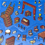 victorian library scene building sticker layered kit with detailed library backdrop, bookshelves, fireplace, desks, furniture and clear decorative stickers. Fantasy build a scene set. uk cute stationery shop.