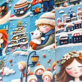 winter postcard post card cards cute kawaii set pack of 3  beautiful snowy christmas stationery uk shop store planner addict 3d sewn sewing embroidery felt fox foxes tree trees girl girls snowman blue orange colourful bright vibrant