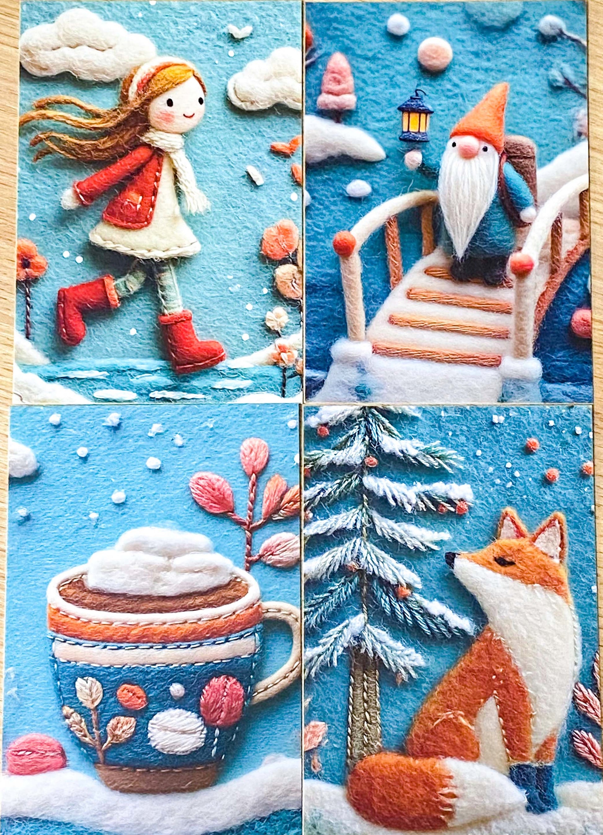 winter postcard post card cards cute kawaii set pack of 3  beautiful snowy christmas stationery uk shop store planner addict 3d sewn sewing embroidery felt fox foxes tree trees girl girls snowman blue orange colourful bright vibrant