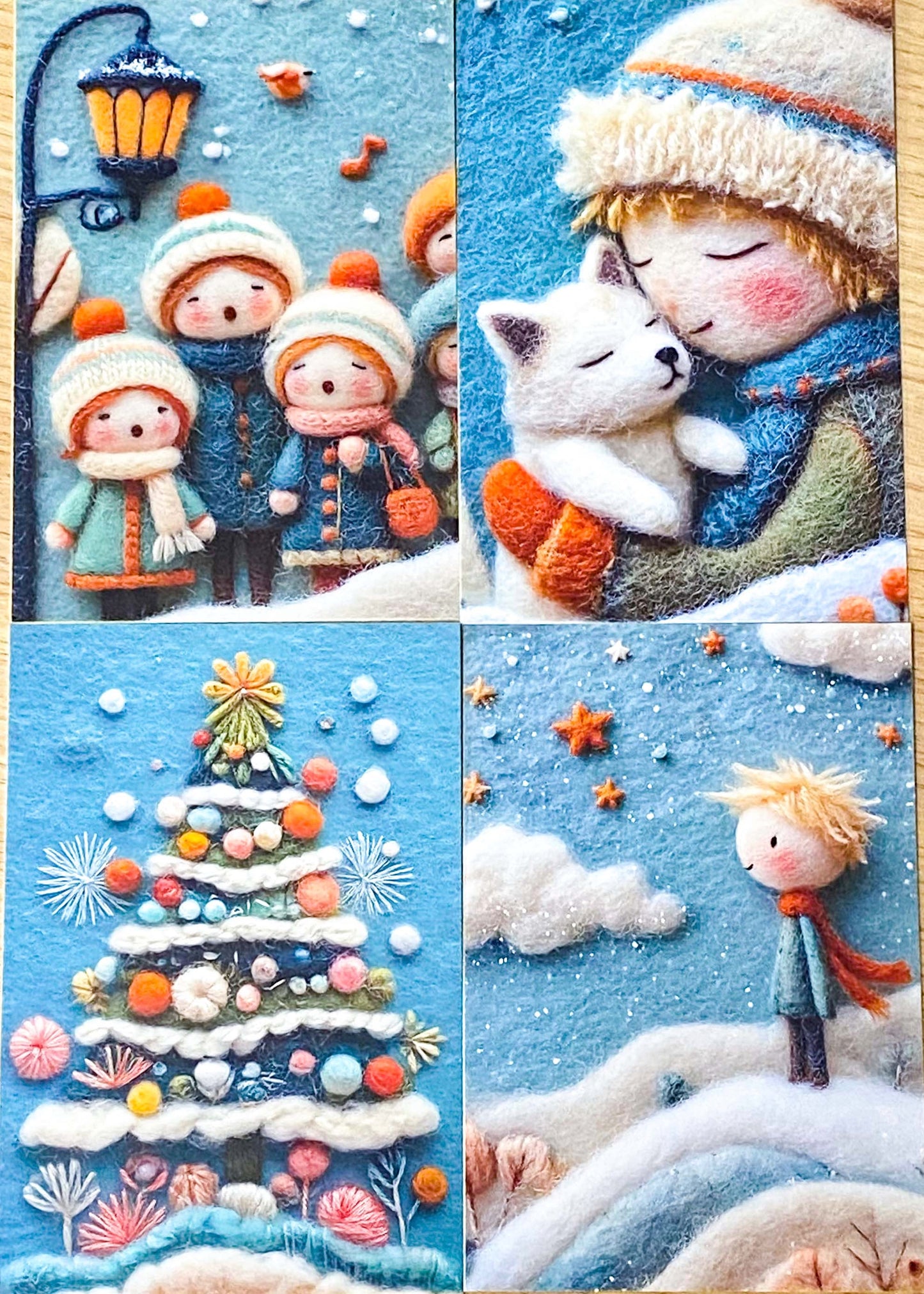 winter postcard post card cards cute kawaii set pack of 3  beautiful snowy christmas stationery uk shop store planner addict 3d sewn sewing embroidery felt fox foxes tree trees girl girls snowman blue orange colourful bright vibrant