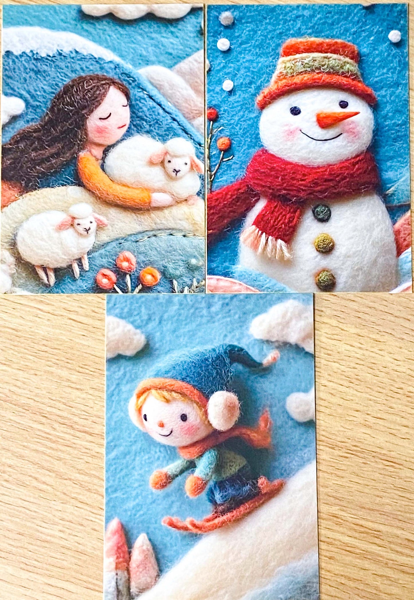 winter postcard post card cards cute kawaii set pack of 3  beautiful snowy christmas stationery uk shop store planner addict 3d sewn sewing embroidery felt fox foxes tree trees girl girls snowman blue orange colourful bright vibrant