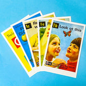 vintage ladybird book cover postcards from 5 of the key words reading scheme displayed fanned on a blue background