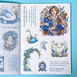 snow white fairytale sticker book with 18 pages of clear and washi paper stickers on a blue background