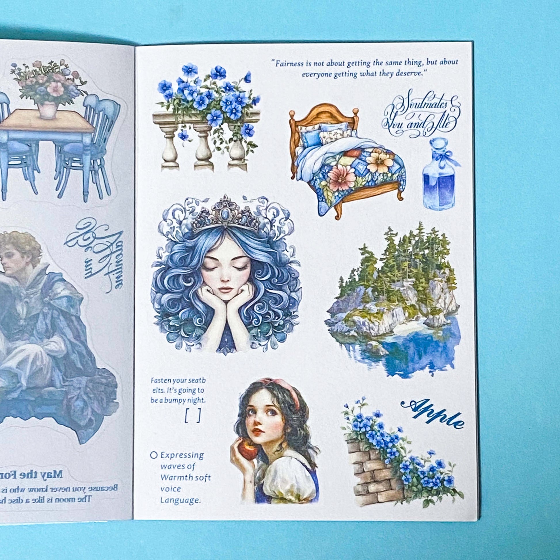 snow white fairytale sticker book with 18 pages of clear and washi paper stickers on a blue background