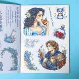 snow white fairytale sticker book with 18 pages of clear and washi paper stickers on a blue background