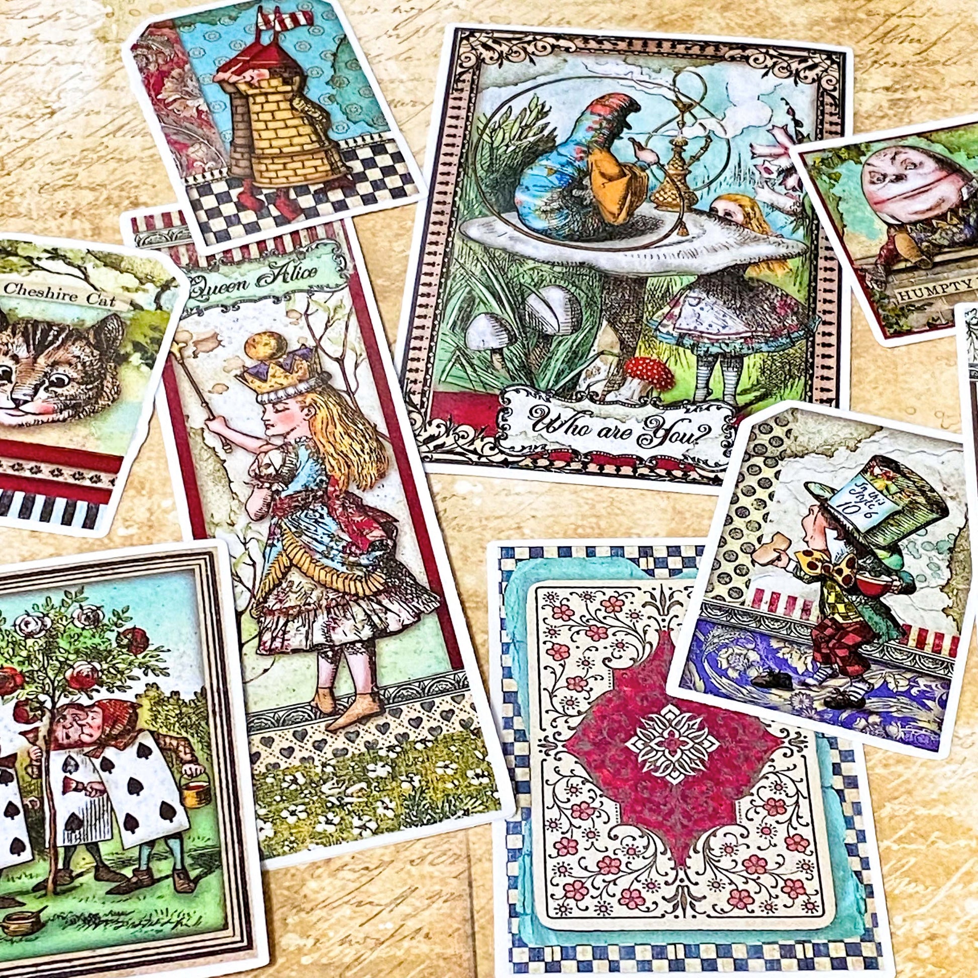 large vintage alice in wonderland vinyl stickers featuring the mad hatter, cheshire cat and illustrated storybook characters