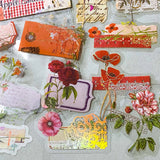 apple shadow vintage floral PET sticker pack featuring pink roses, orange poppies, lace details, labels and botanical collage elements with gold holo foil accents. uk cute stationery and sticker shop.