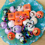 very large 15mm 16mm halloween spooky bead beads acrylic clay ceramic skull skulls spider spiders ghost ghosts pumpkin pumpkins square cube orange white black rainbow lilac uk cute kawaii craft supplies shop store