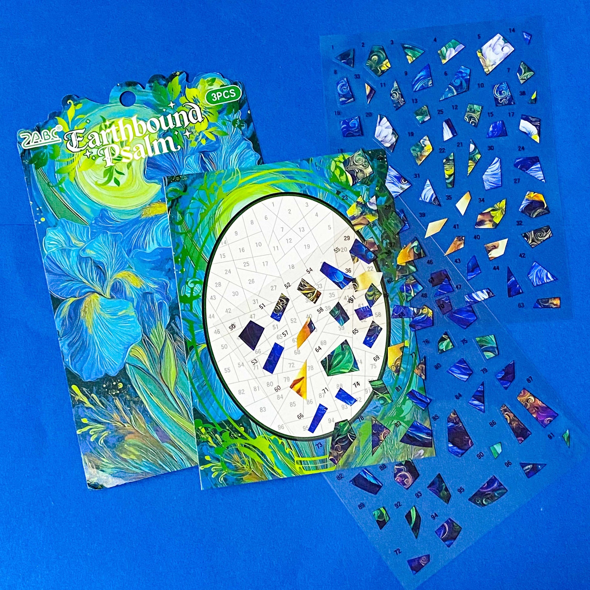 soul guardian eagle and goddess colourful mosaic art picture kit with 2 sheets PET stickers and card base board. Mindfulness activity or gift. Blue, green and lilac design in art nouveau inspired style.