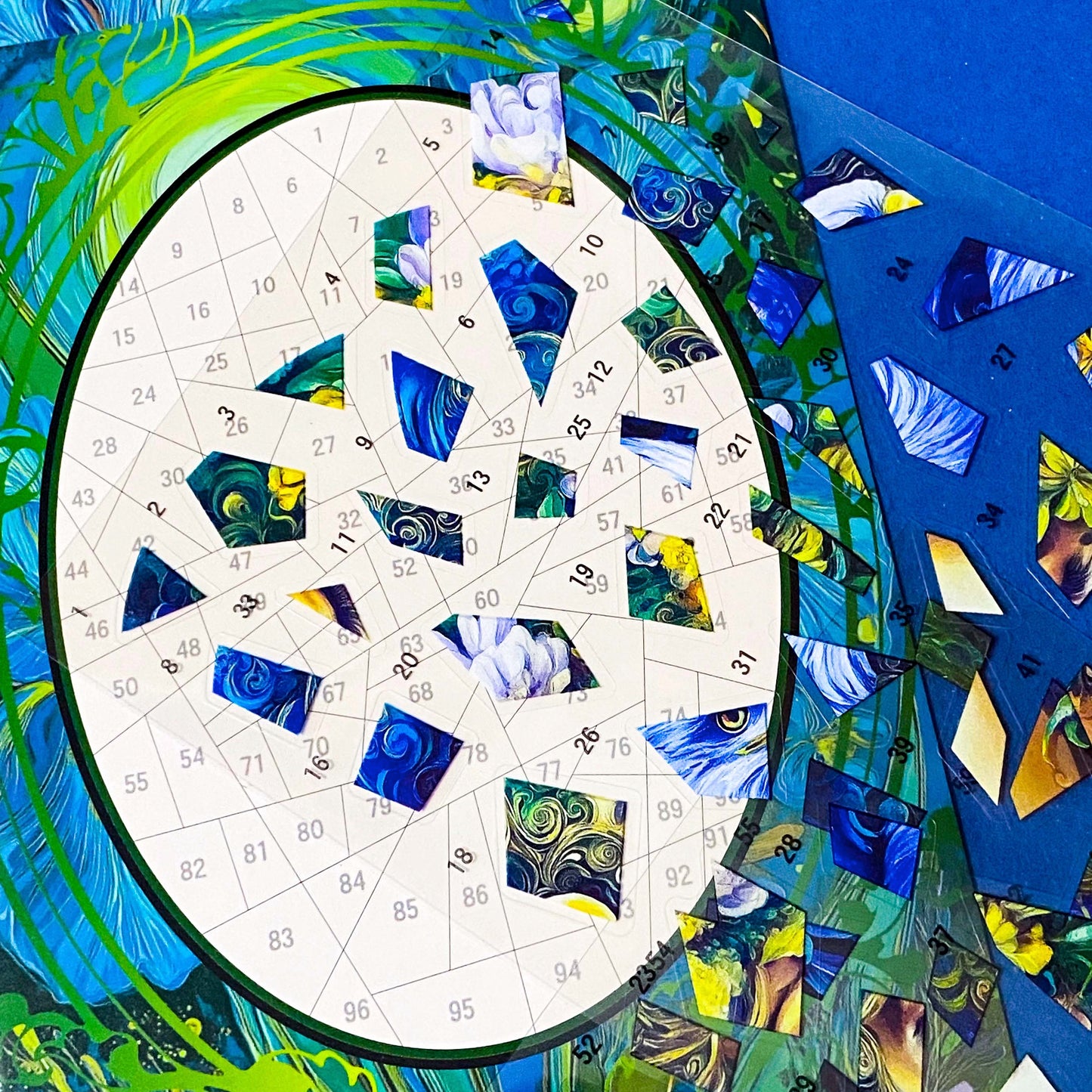 soul guardian eagle and goddess colourful mosaic art picture kit with 2 sheets PET stickers and card base board. Mindfulness activity or gift. Blue, green and lilac design in art nouveau inspired style.