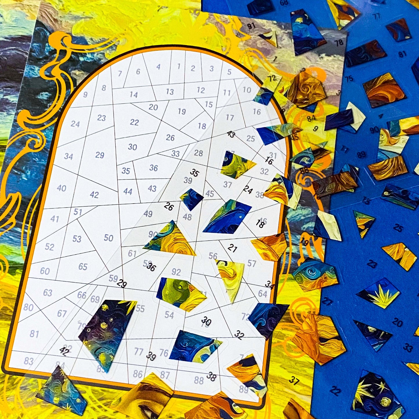 soul guardian blue crescent moon and goddess colourful mosaic art picture kit with 2 sheets PET stickers and card base board. Mindfulness activity or gift. Blue, gold, yellow design in art nouveau inspired style.