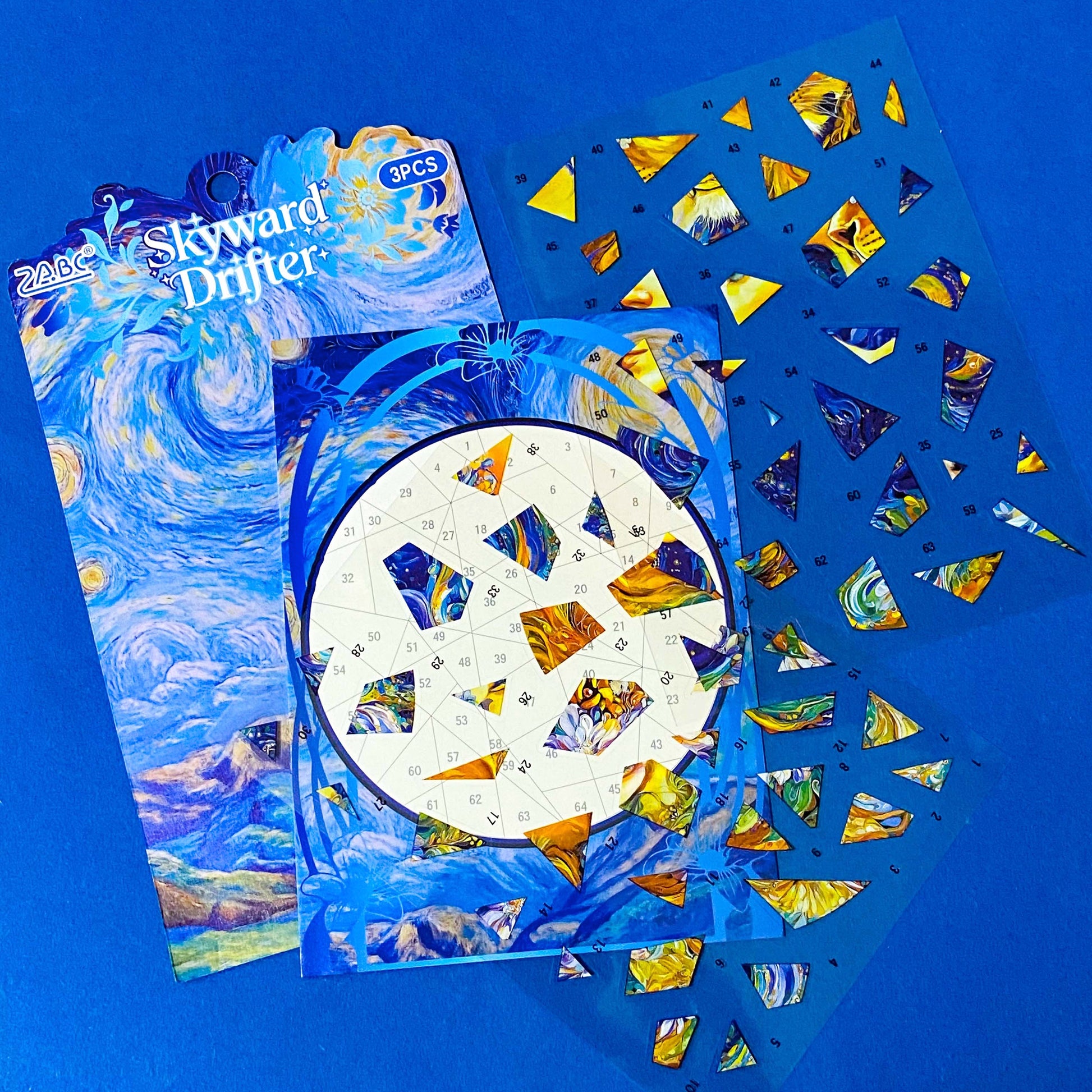 soul guardian lion and goddess colourful mosaic art picture kit with 2 sheets PET stickers and card base board. Mindfulness activity or gift. Blue, orange and yellow design in art nouveau inspired style.