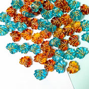 teal blue turquoise brown amber orange yellow acrylic plastic leaf leaves bead beads uk small pretty 12mm gold foil foiled golden highlights craft supplies shop store jewellery findings making