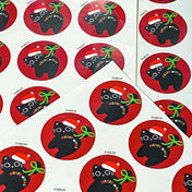 black cat cats christmas round sticker stickers sheet of 9 very large big jumbo 40mm red and green festive stationery packaging supplies shop store uk fun cute kawaii sticker seals santa hat 4cm