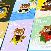 Collection of red panda-themed embroidered patches on colorful cards.
