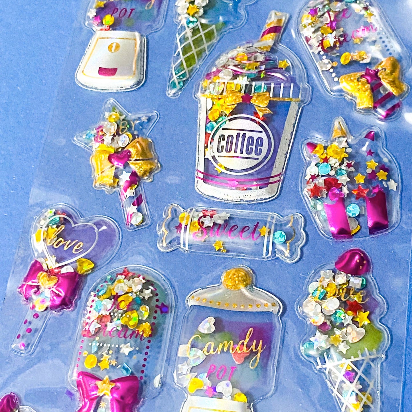 Large Shaker Stickers With Moving Sequins- 3D Clear Puffy Kawaii Dessert & Magic Stickers