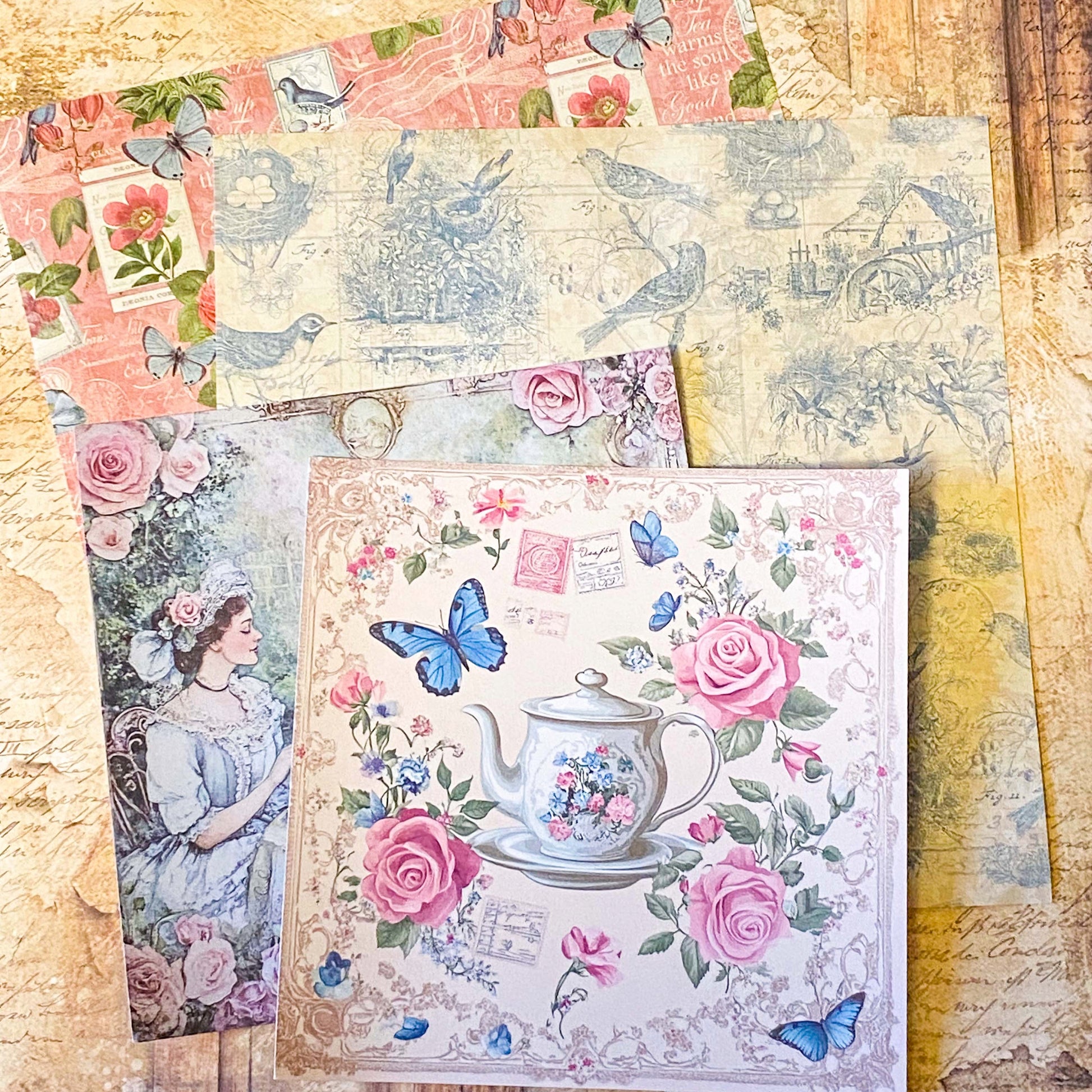 dainty tea time party vintage scrapbooking ephemera and stickers set including lace edge writing paper, envelopes, scrapbook paper sheets and die cut teacups and tea pots