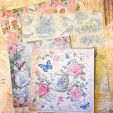 dainty tea time party vintage scrapbooking ephemera and stickers set including lace edge writing paper, envelopes, scrapbook paper sheets and die cut teacups and tea pots