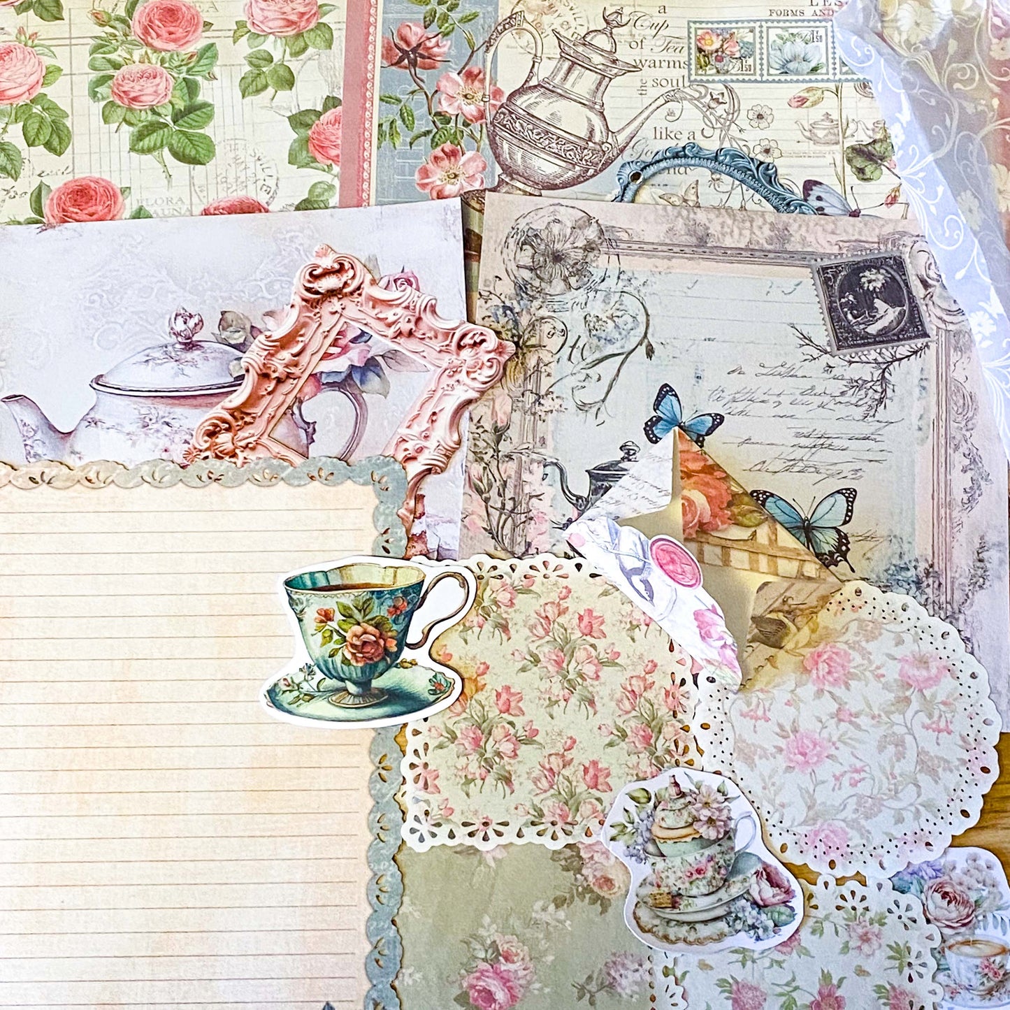 dainty tea time party vintage scrapbooking ephemera and stickers set including lace edge writing paper, envelopes, scrapbook paper sheets and die cut teacups and tea pots