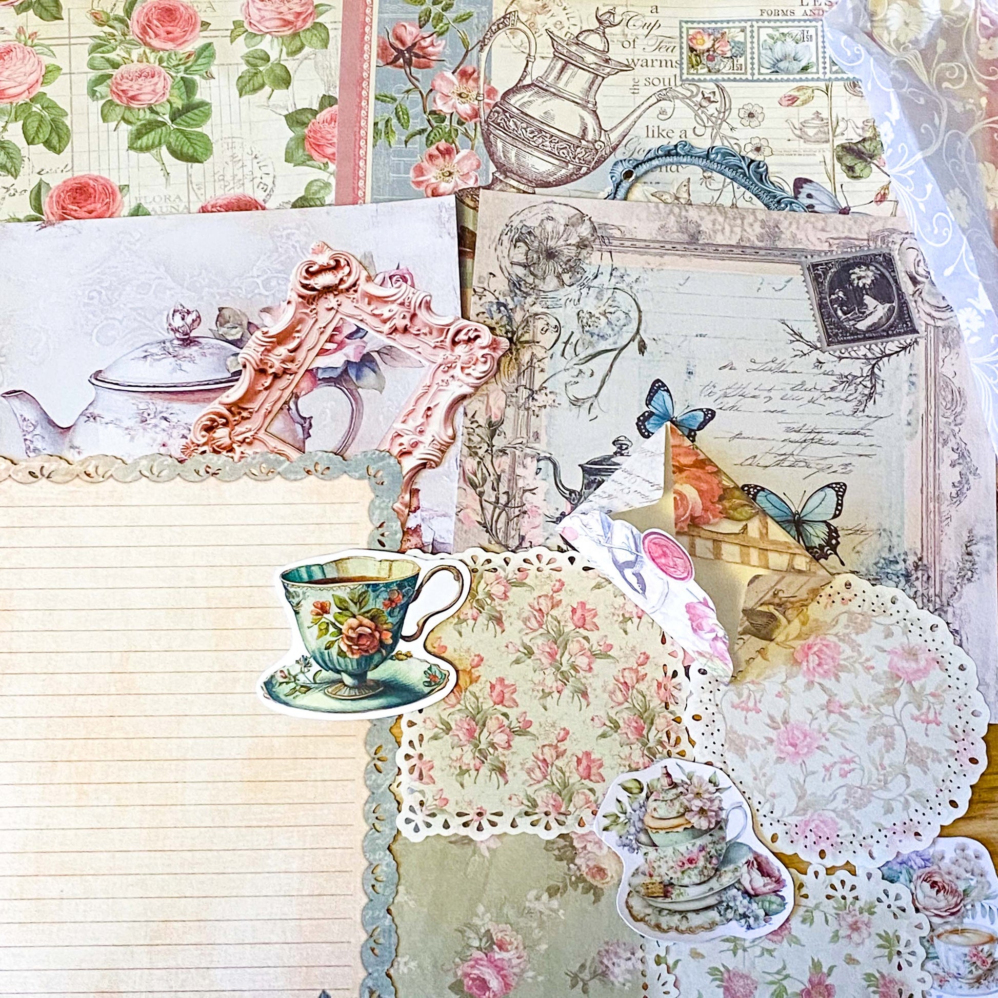dainty tea time party vintage scrapbooking ephemera and stickers set including lace edge writing paper, envelopes, scrapbook paper sheets and die cut teacups and tea pots