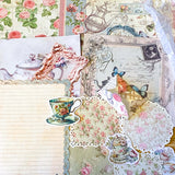 dainty tea time party vintage scrapbooking ephemera and stickers set including lace edge writing paper, envelopes, scrapbook paper sheets and die cut teacups and tea pots