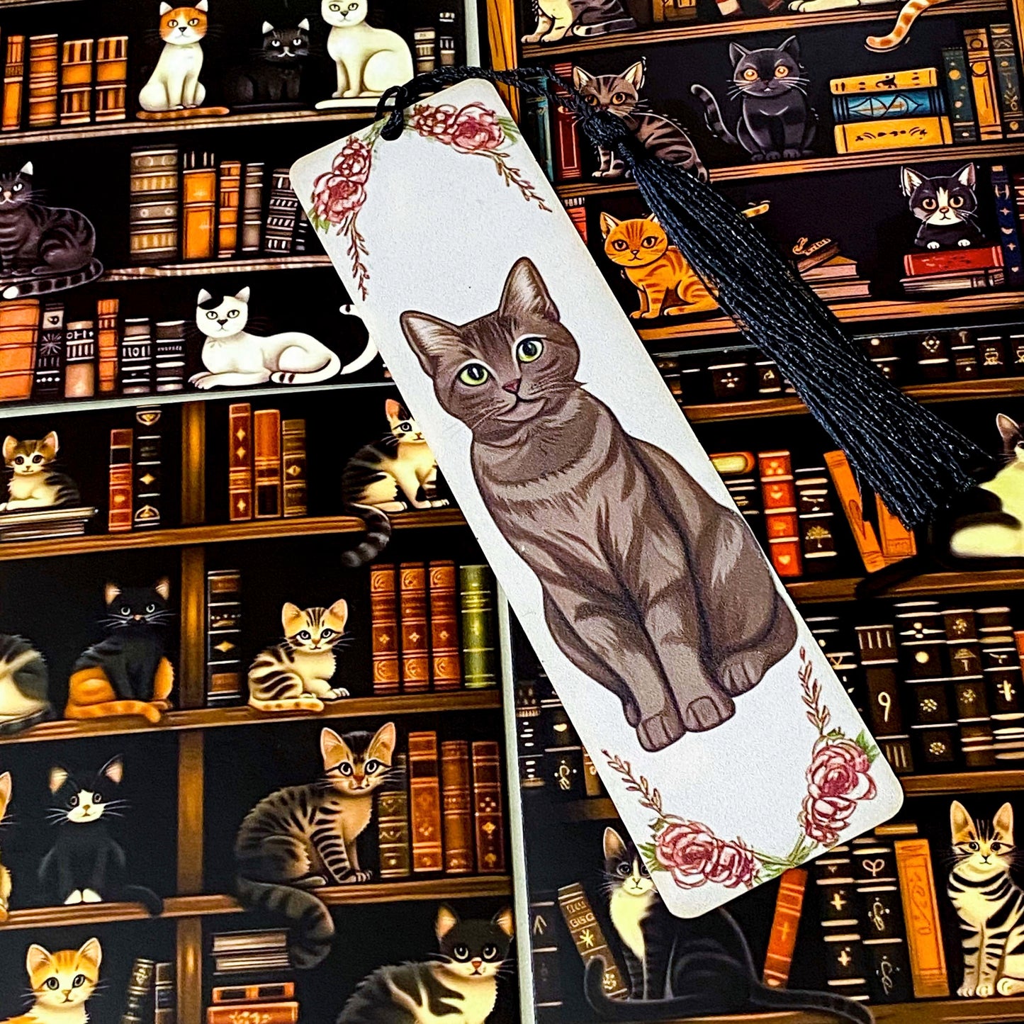 cats in the library vintage bookish gift bundle with acrylic black tassel bookmark and 3 cats postcards. uk cute letterbox mini gifts.